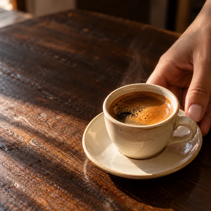 Ενδεικτική εικόνα με AI: espresso σε κεραμικό φλιτζάνι πάνω σε ξύλινο τραπέζι